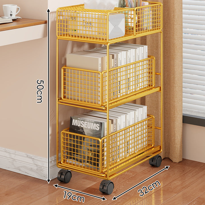 Compact Two-Tier Rolling Metal Mesh Storage Trolley with Locking Swivel Casters