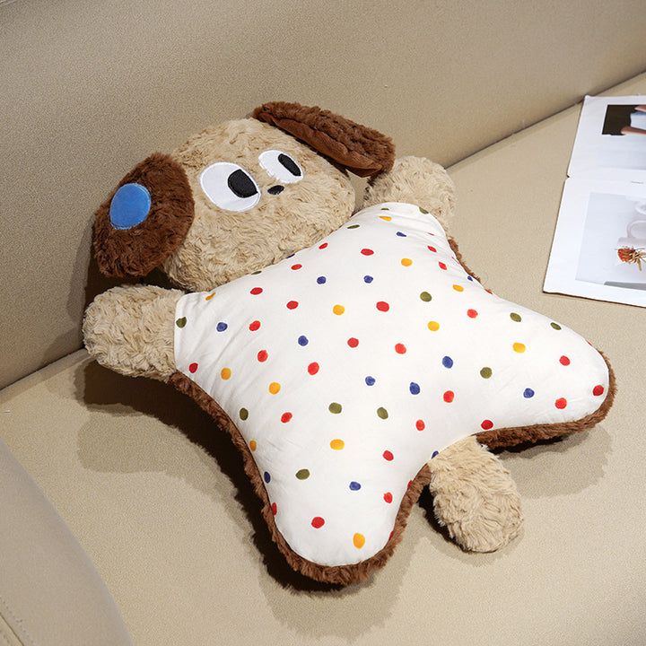 Cozy plush pillow with integrated blanket in penguin look