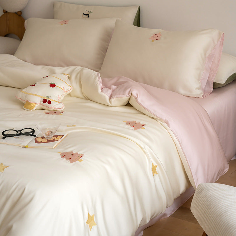 Luxurious satin bedding set with embroidered cherry motifs, reversible function and plush bunny pillow