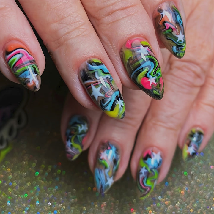 Artificial nails with creative gradient color and star motif Kalsten