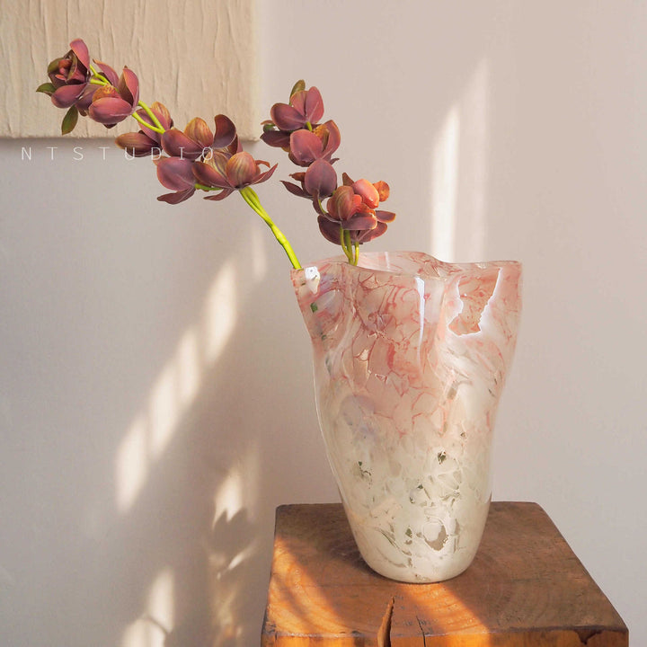 Handblown Marble-Effect Tall Sculptural Glass Vase with Organic Ruffled Rim Kalsten