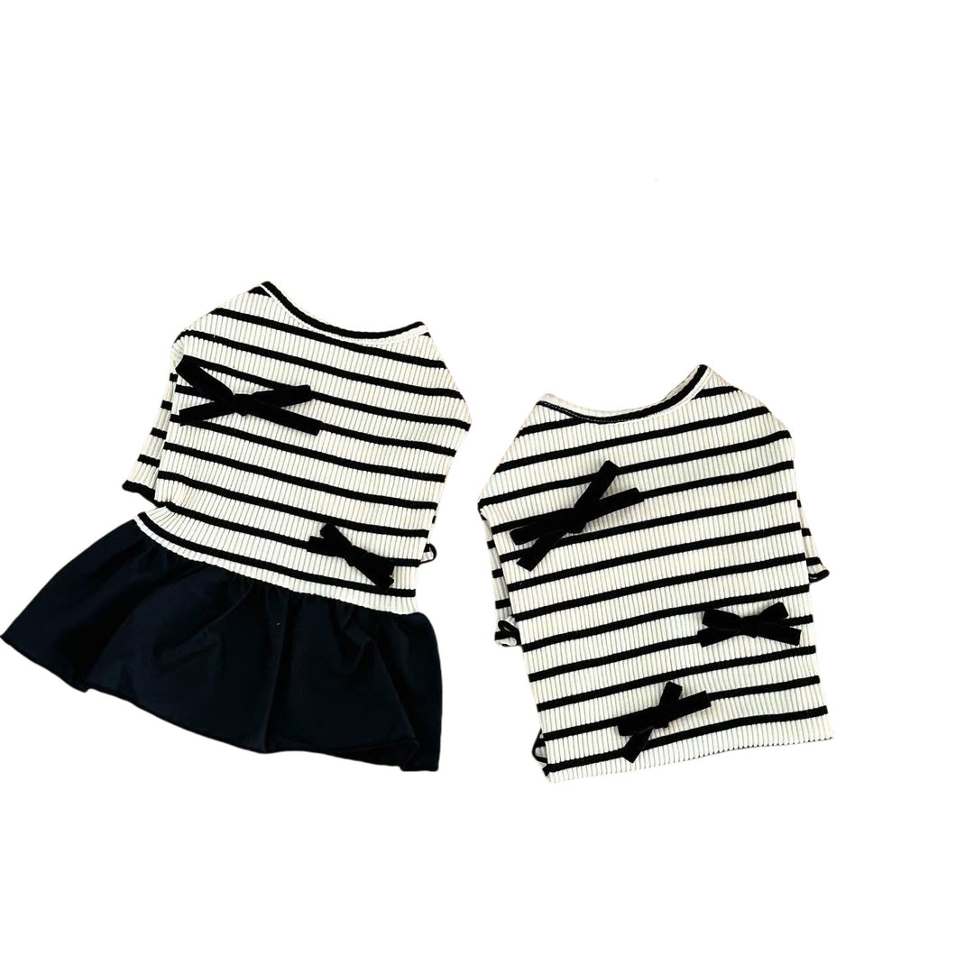 Ribbed Striped Knit Pet Dress with Ruffle Skirt &  Accent