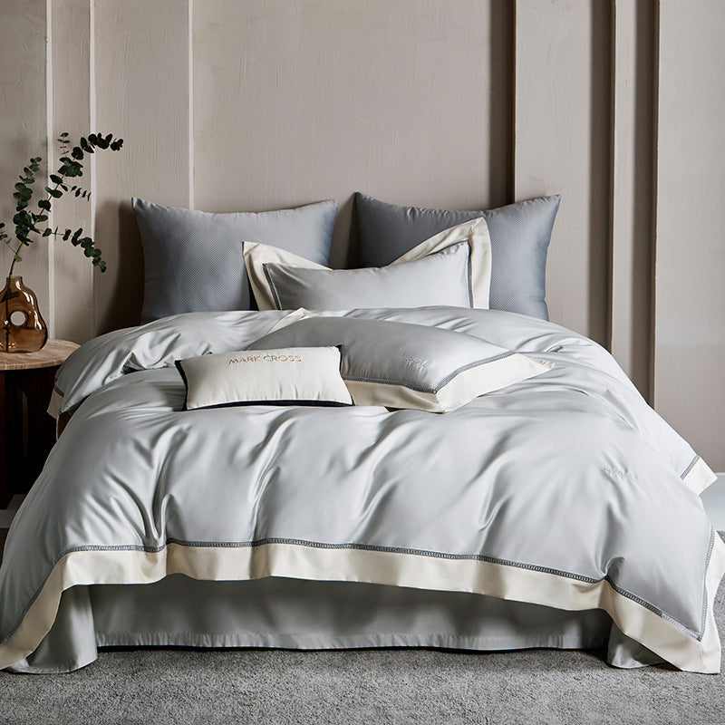 Elegant Satin Duvet Cover Set with contrasting hem trim and fine piping