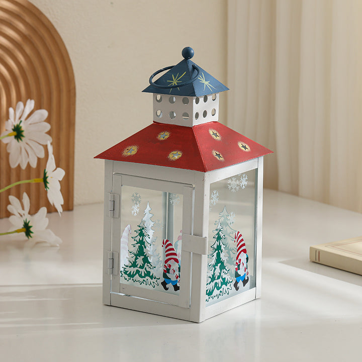 Decorative Holiday Gnome Lantern with Star-Cut Roof and Glass Panel Candle Holder Kalsten