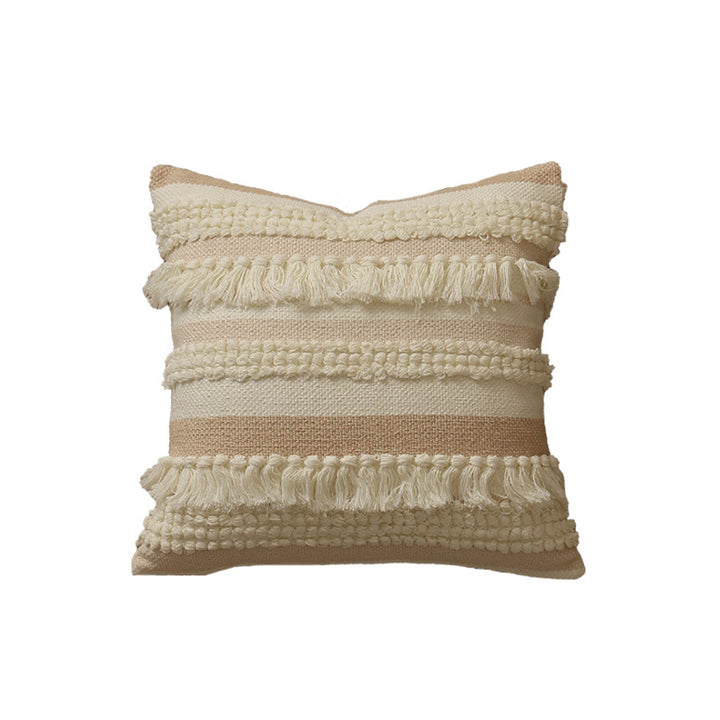 Handwoven Boho decorative pillow with tiered fringe stripes and boucle appliqués