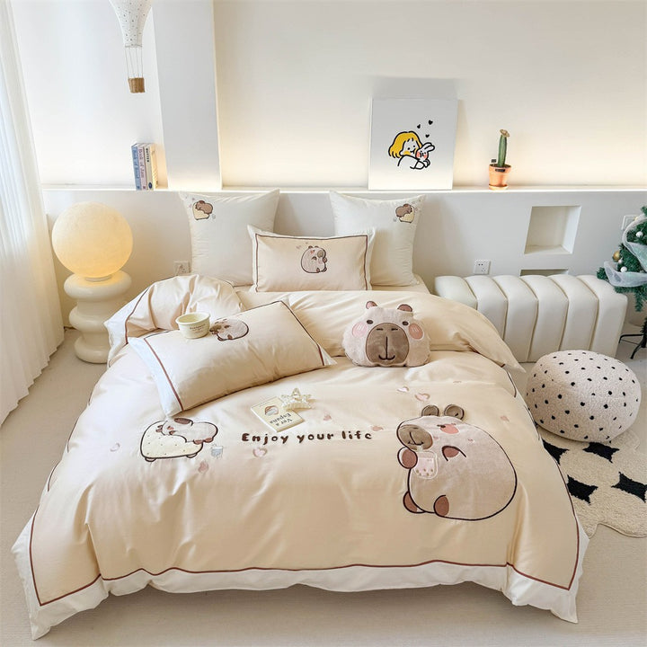 Kawaii bedding set with appliquéd plush bears and breathable cotton satin