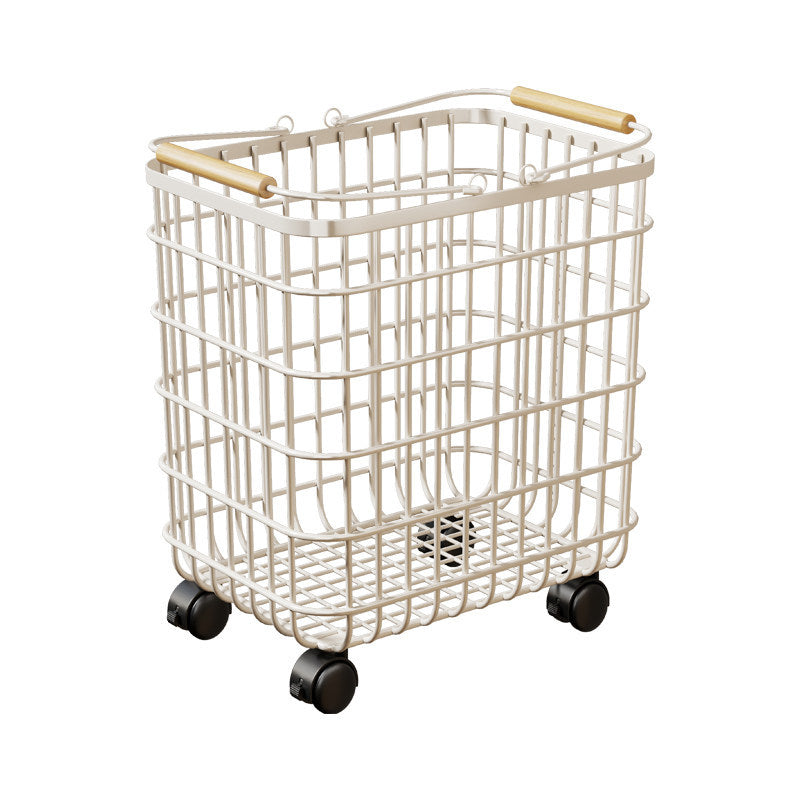 Rolling Wire Mesh Laundry Basket with Wooden Handles and Locking Swivel Casters