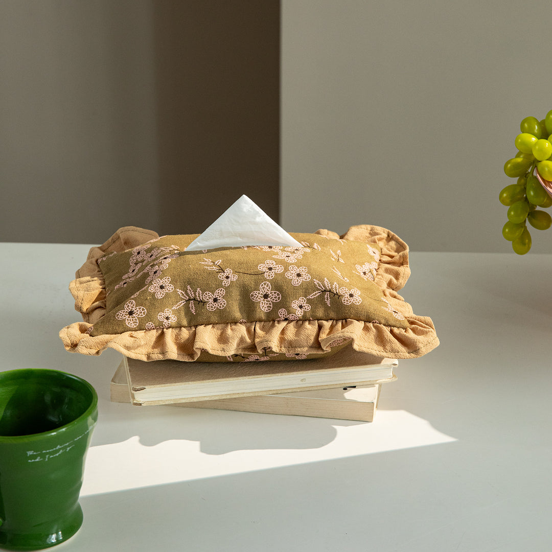 Embroidered fabric tissue box cover with ruffle and concealed zipper