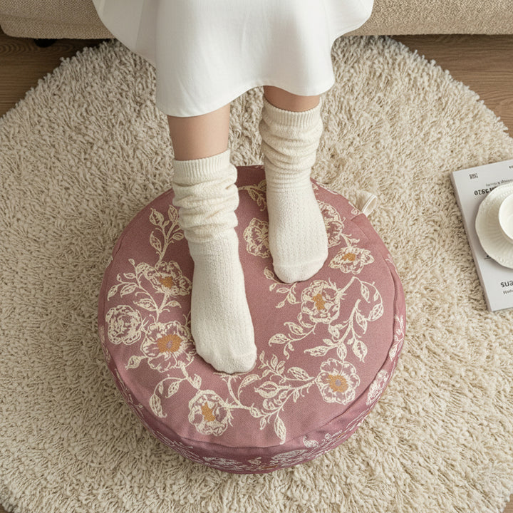 Seating pouf - meditation cushion with floral jacquard cover and carrying handle