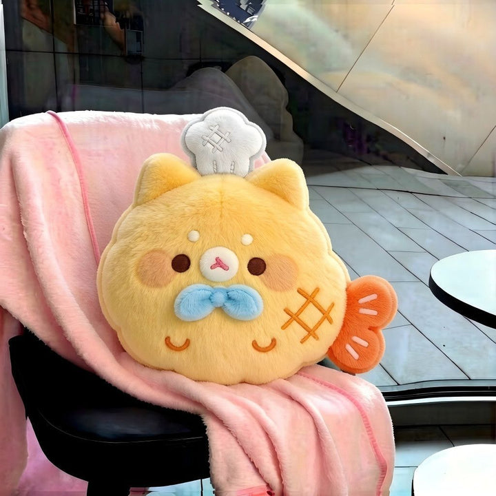 Cute plush cuddle pillow in cat shape with fish tail and bow appliqué