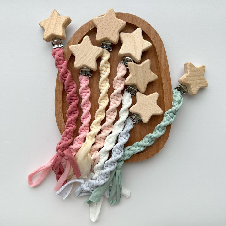 Braided Cotton Pacifier and Teether Clip with Wooden Star Clamp
