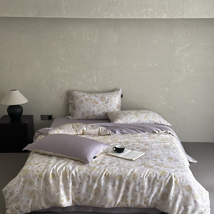 Luxurious satin bedding set with floral watercolor print and silky shiny finish