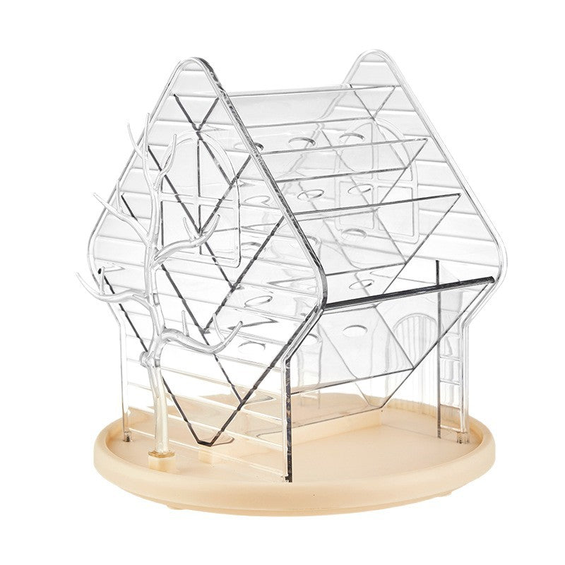 Rotating cosmetic organizer in house shape made of acrylic with lipstick holder and removable catch tray