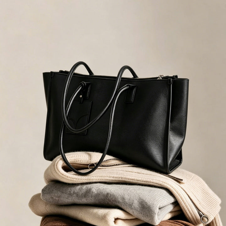 Smooth Vegan Leather Structured Top-Zip Tote with Double Rolled Handles and Luggage Tag