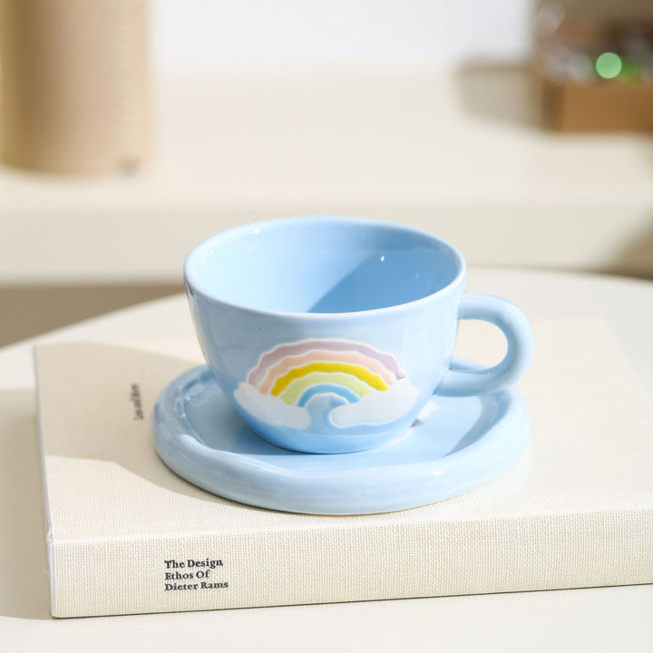 Pastel Design Ceramic Mug Set with Saucer and Raised Rainbow Relief