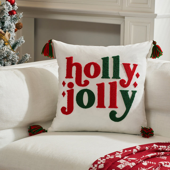 Velvet Embroidered Festive Accent Pillow Cover with Metallic Script