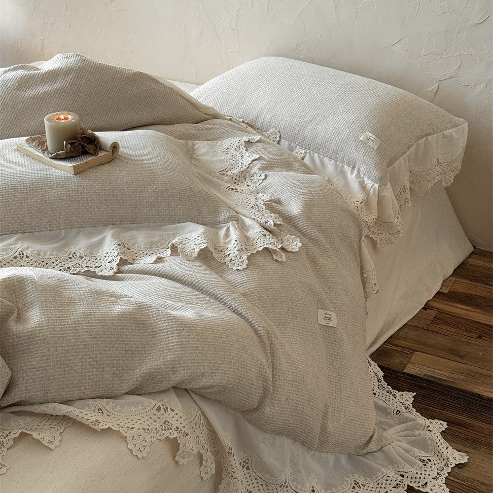Romantic cotton-linen bedding set with crocheted lace trim and ruffle