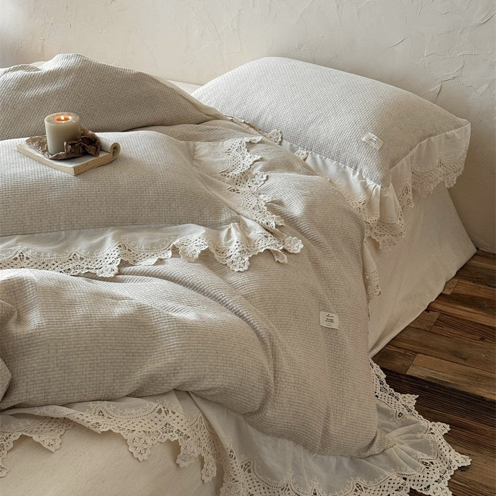 Romantic cotton-linen bedding set with crocheted lace trim and ruffle