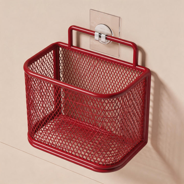 Wall-Mounted Mesh Vanity Organizer Basket with Dual Wooden Knob Hooks