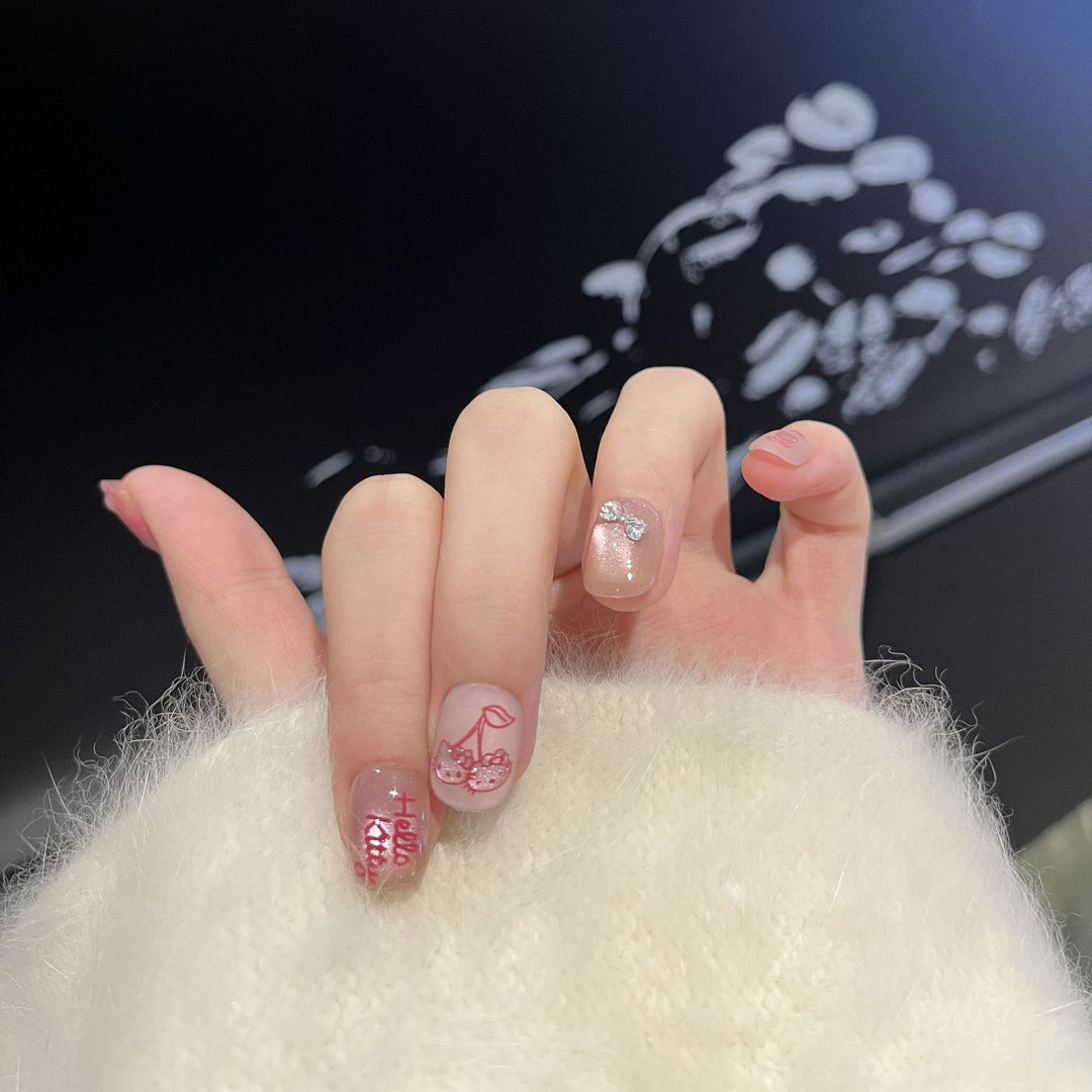 Decorative Press-On Nail Art Set with Cherry and Bow Accents Kalsten