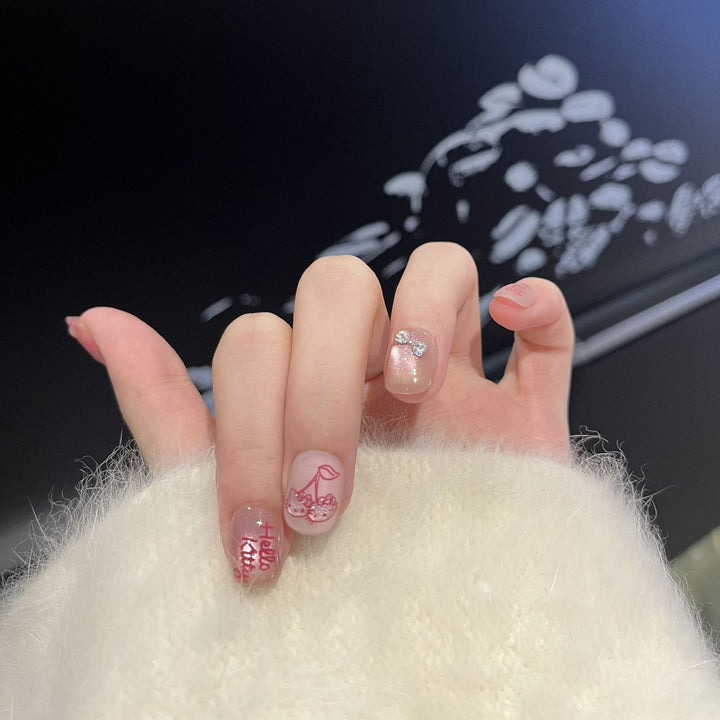 Decorative Press-On Nail Art Set with Cherry and Bow Accents Kalsten