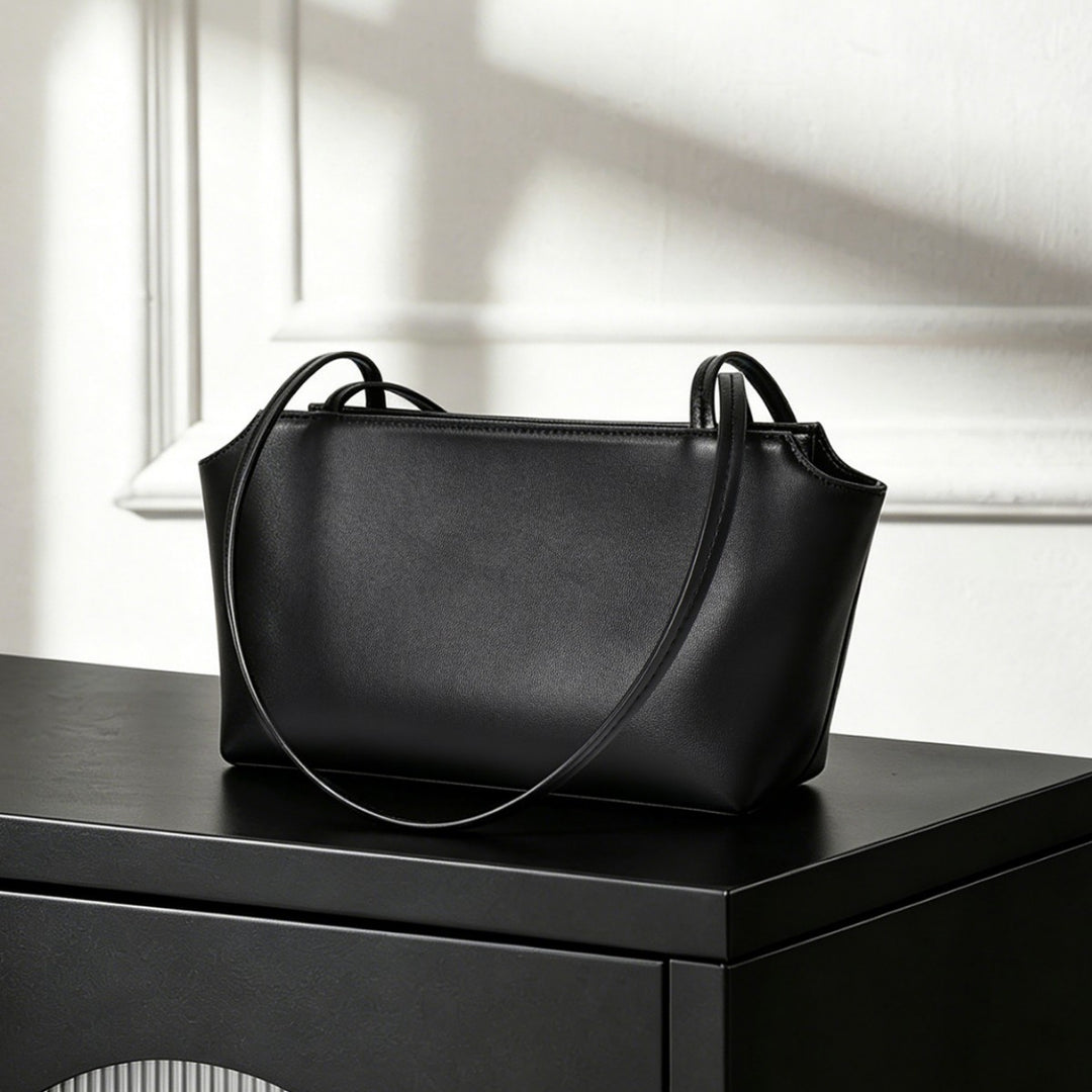 Structured Pebbled Faux-Leather Trapezoid Shoulder Tote with Double Slim Straps