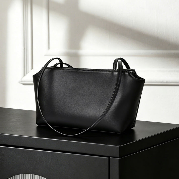 Structured Pebbled Faux-Leather Trapezoid Shoulder Tote with Double Slim Straps