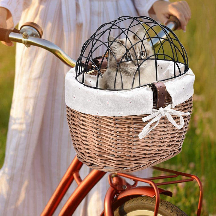woven rattan pet carrier basket with collapsible metal dome and removable linen lining Kalsten