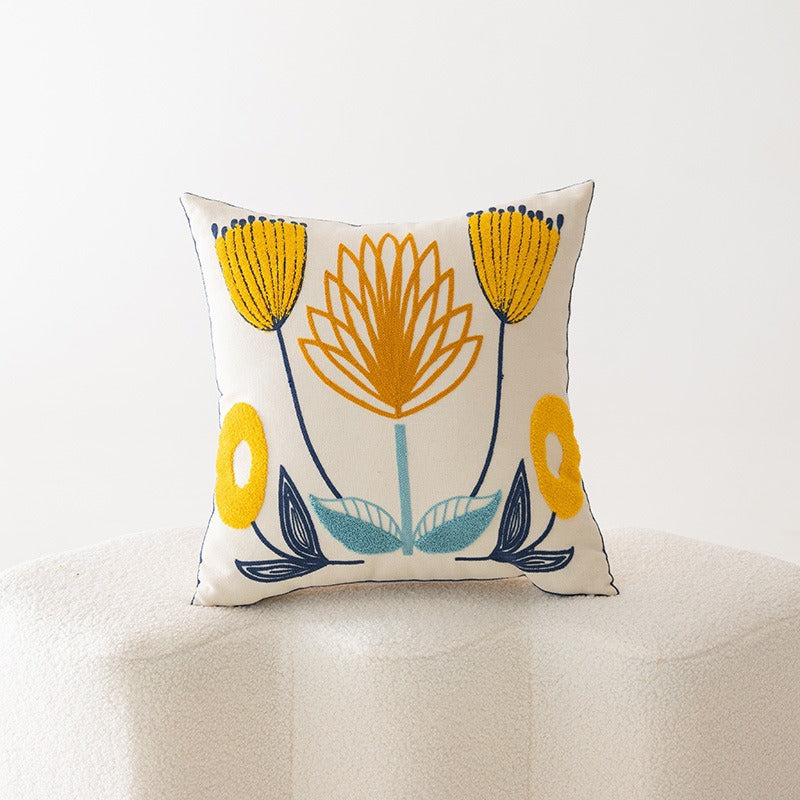Embroidered Floral Cotton-Linen Square Throw Pillow Cover with Hidden Zipper and Textured Appliqué