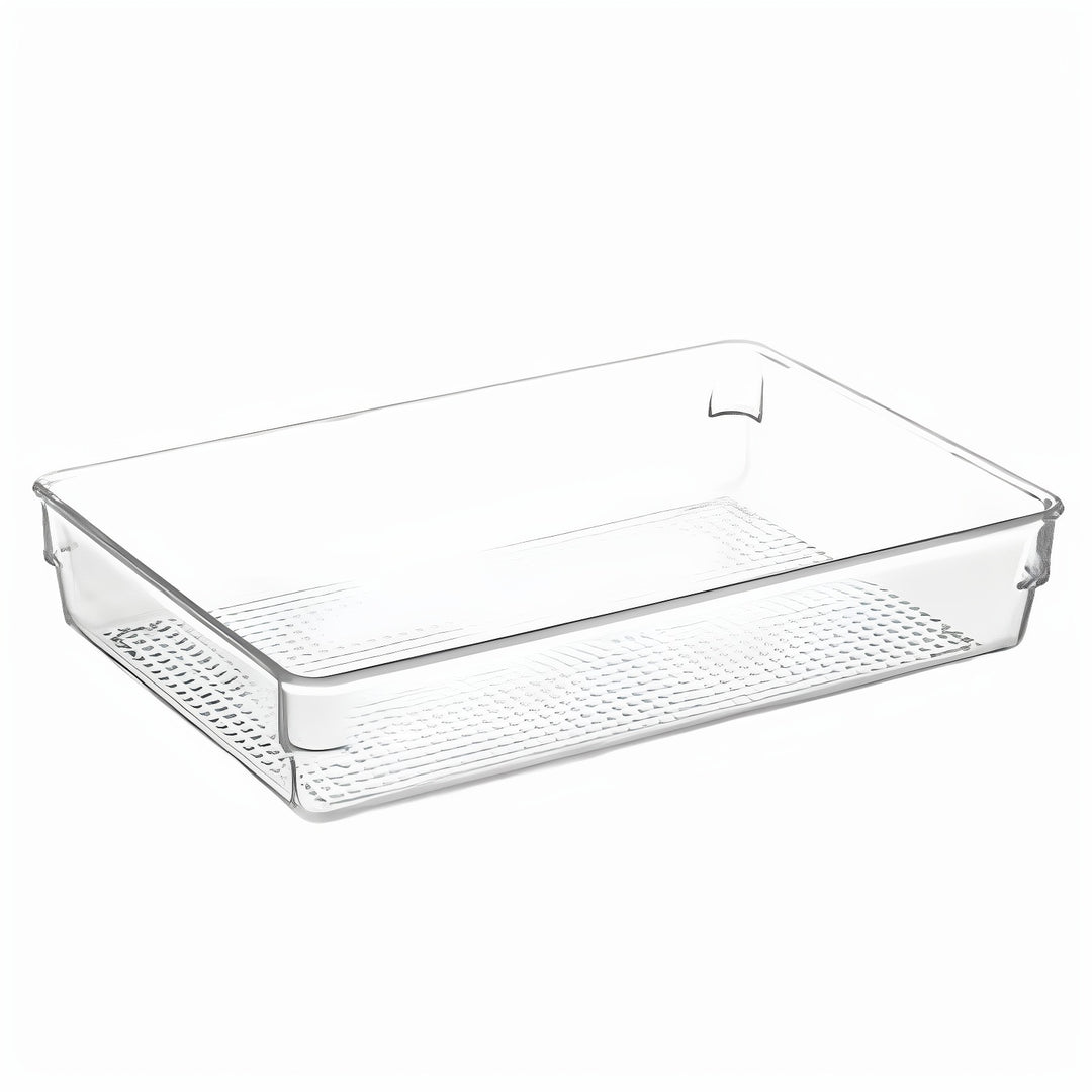 Transparent refrigerator door shelf with ribbed bottom and clip attachment