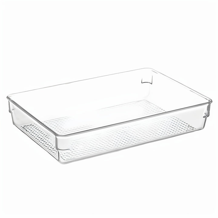 Transparent refrigerator door shelf with ribbed bottom and clip attachment