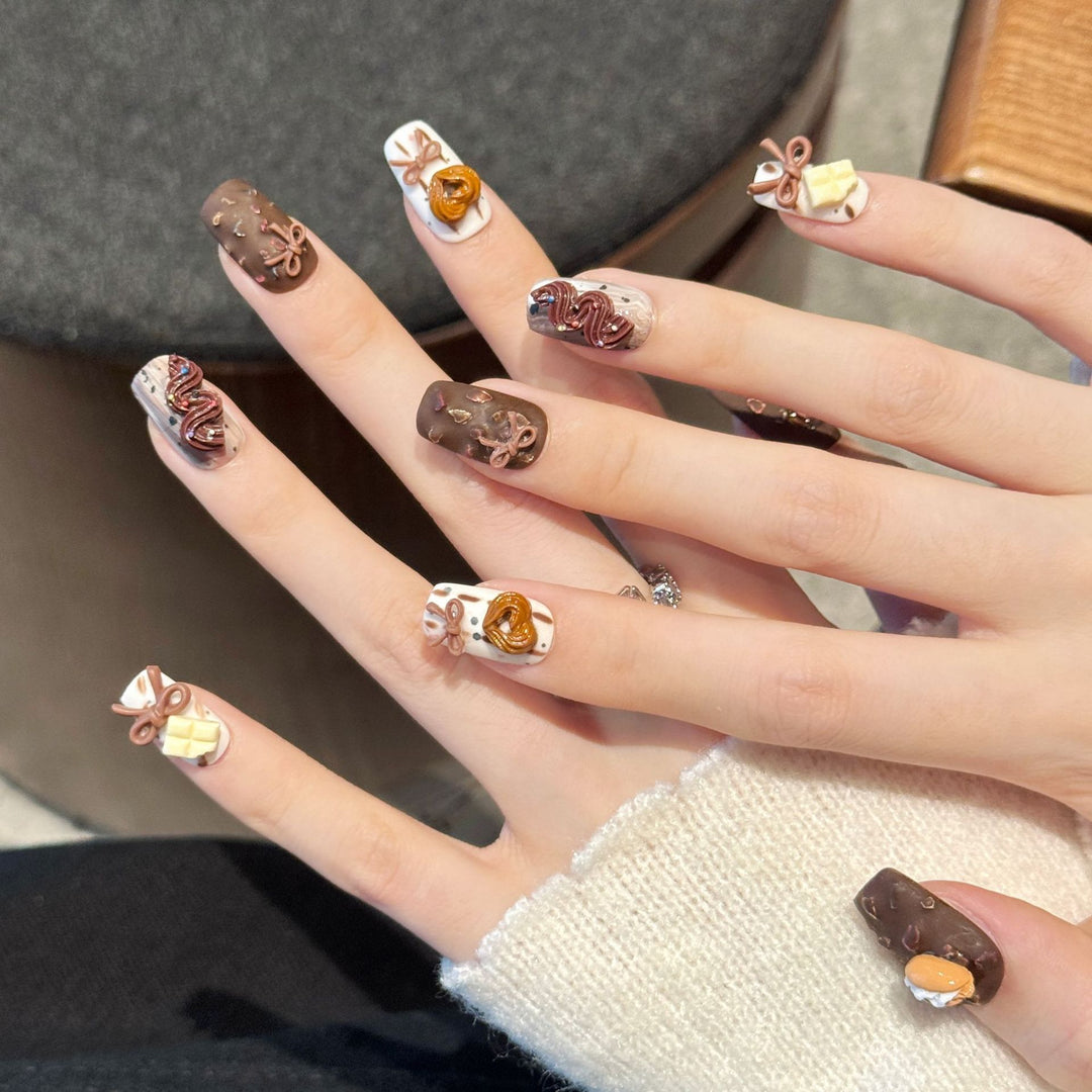 Artistic Chocolate-Themed Press-On Nail Art Set