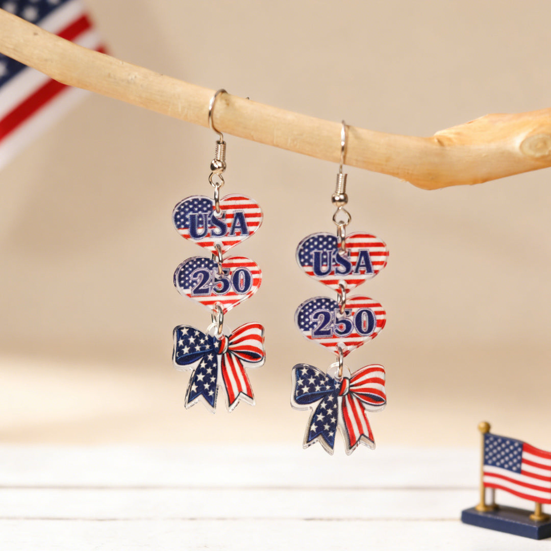 Women's nan patriotic bow dangle acrylic earrings with gold plated hooks and lightweight charm Kalsten