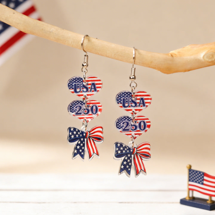 Women's acrylic statement earrings long pendant bow motif with patriotic print Kalsten