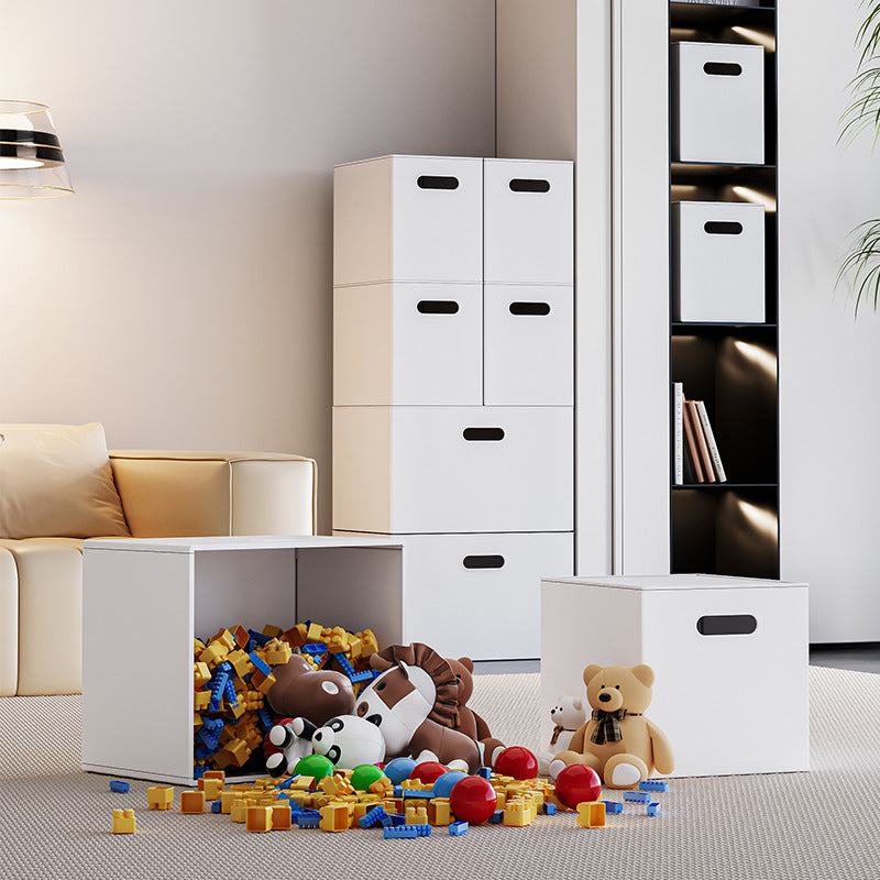 Robust square storage box with removable lid and integrated handle openings