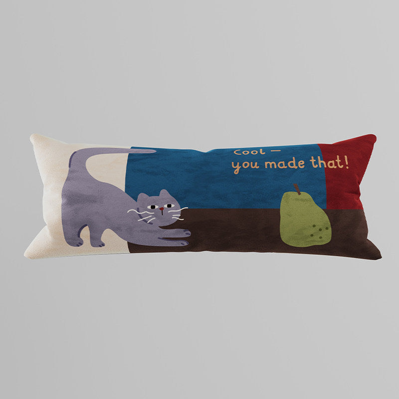 Decorative Lumbar Throw Pillow with Playful Cat Illustration and Motivational Text