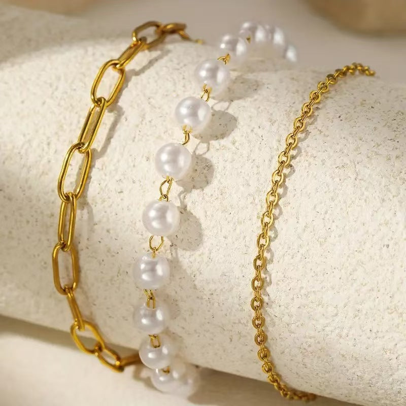 Elegant Layered Pearl and Chain Bracelet Set Kalsten