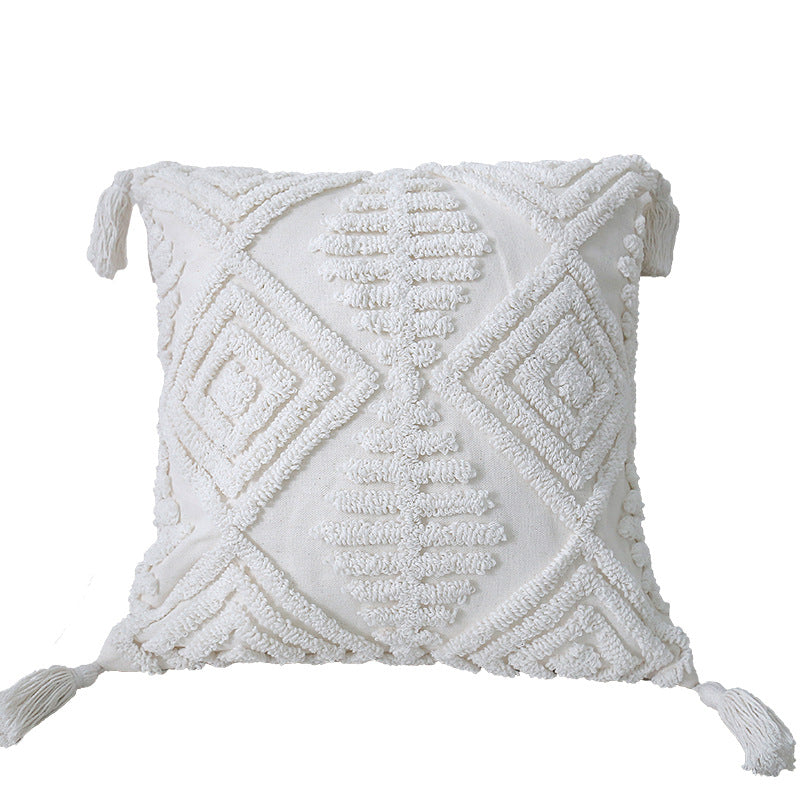 Boho Textured Tufted Cotton Throw Pillow with Diamond Geometric Tufting and Corner Tassels