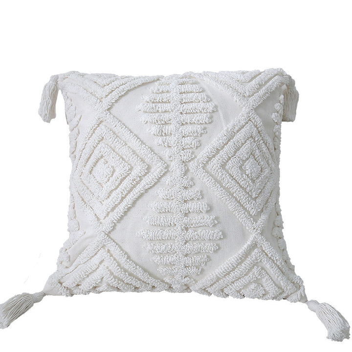 Boho Textured Tufted Cotton Throw Pillow with Diamond Geometric Tufting and Corner Tassels