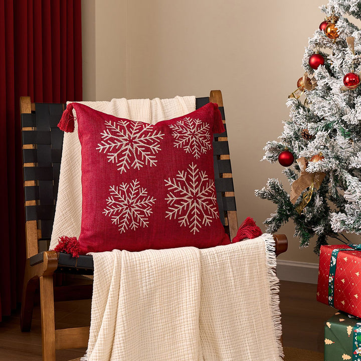 Square Velvet Embroidered Snowflake Pillow Cover with Corner Tassels