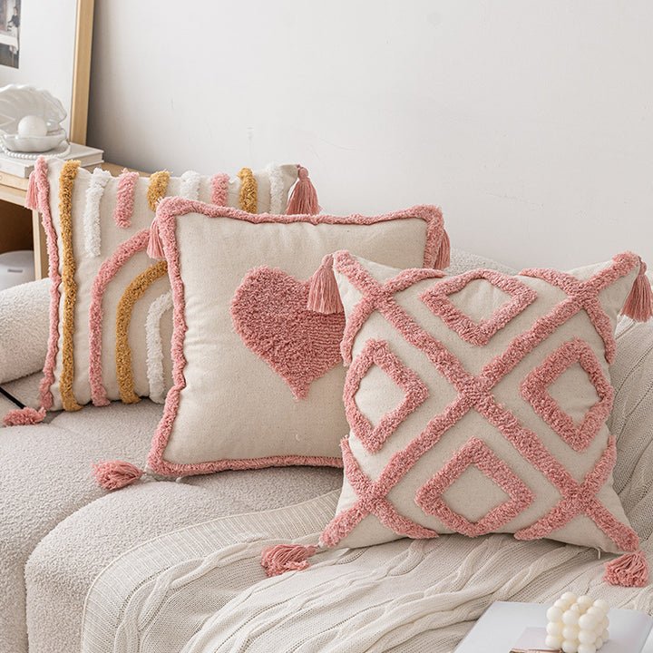 Hand-Tufted Arc-Motif Cotton Square Accent Pillow with Corner Tassels and Removable Insert