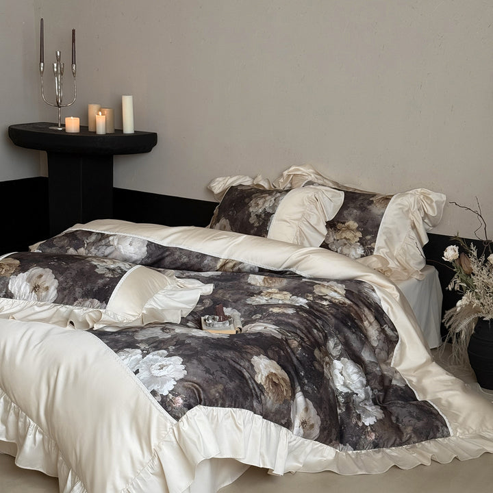 Cotton satin bed linen set with watercolor rose motif, ruffle and decorative trim