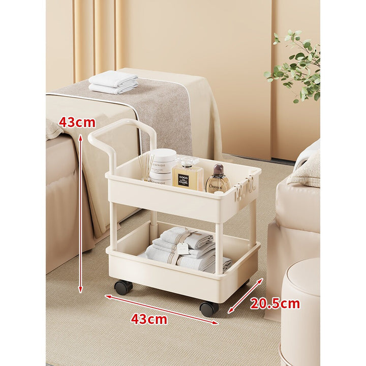Compact Two-Tier Rolling Storage Trolley with Handle and Hooks
