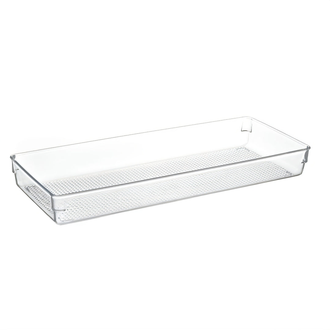 Transparent refrigerator door shelf with ribbed bottom and clip attachment
