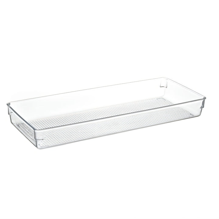 Transparent refrigerator door shelf with ribbed bottom and clip attachment