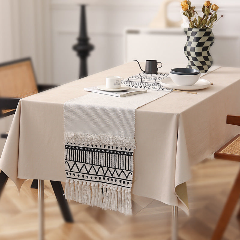 Woven Boho table runner with fringes and ethnic jacquard pattern