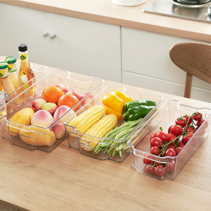 Transparent, flat storage box with handles and non-slip ribbed bottom