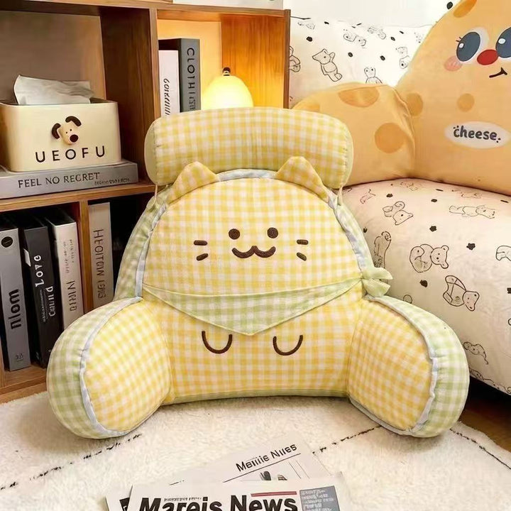 Reading pillow with neck support and plush cat shape