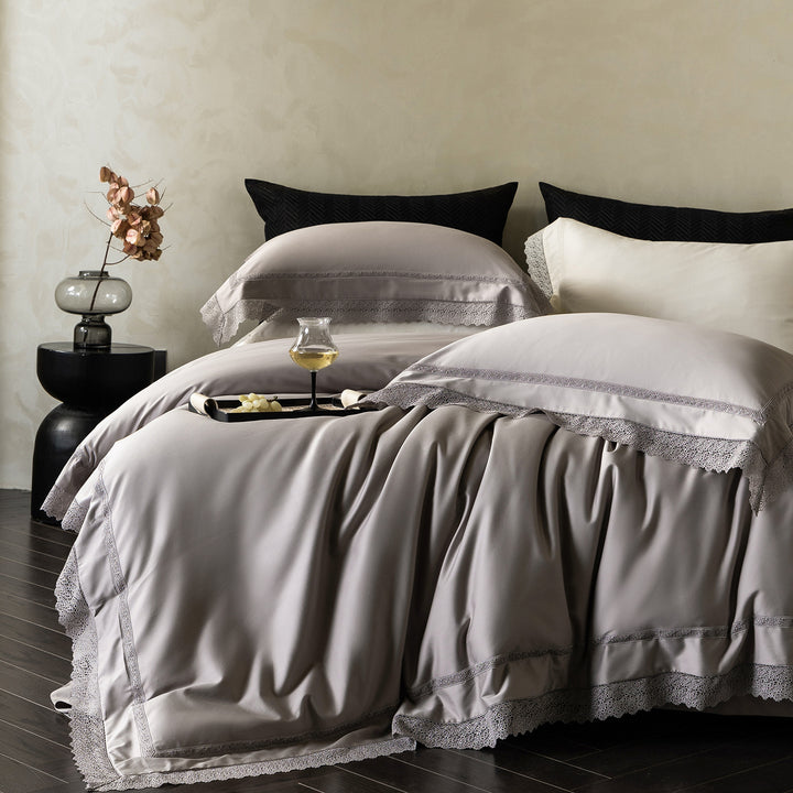 Noble cotton satin bedding set with fine lace trim and hotel closure
