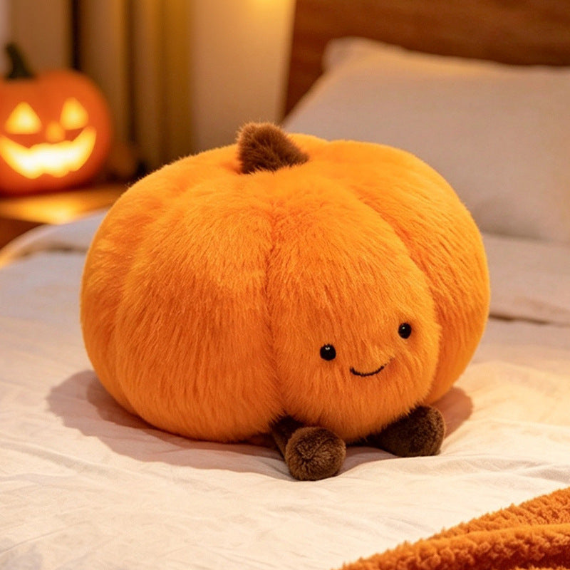 Cozy decorative pumpkin plush pillow with face and velvet feet